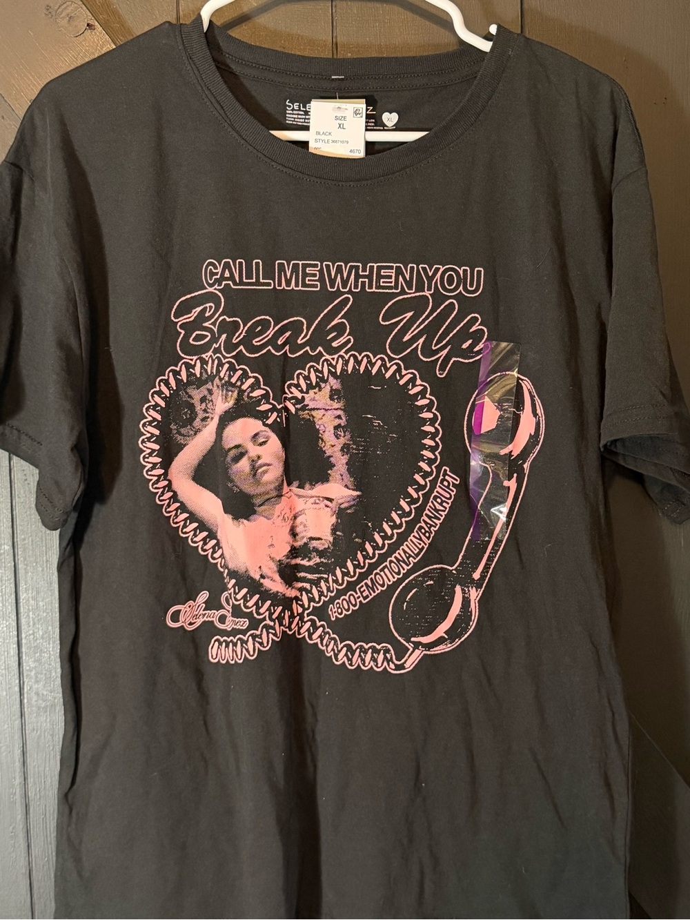 Selena Gomez Black Tee with Pink Retro Heart Phone Graphic